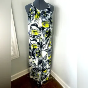 Chico’s Sz 3 Stretchy Halter Floral Maxi Dress Halter Neck Keyhole Front