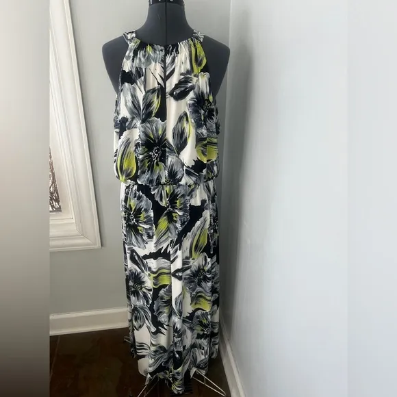 Chico’s Sz 3 Stretchy Halter Floral Maxi Dress Halter Neck Keyhole Front