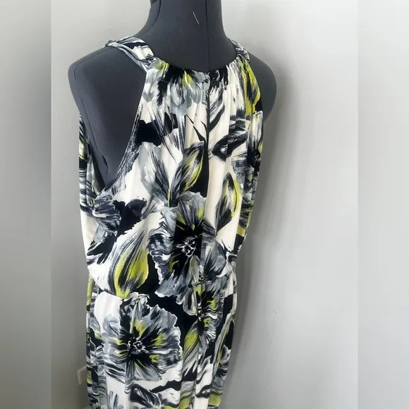Chico’s Sz 3 Stretchy Halter Floral Maxi Dress Halter Neck Keyhole Front