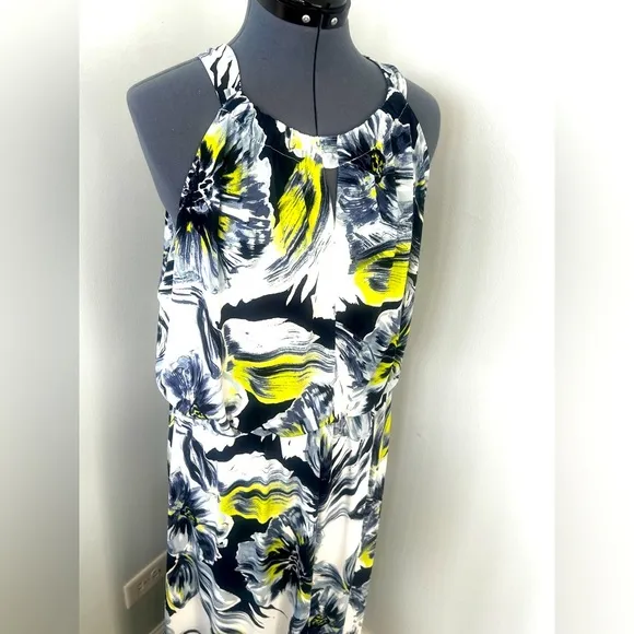 Chico’s Sz 3 Stretchy Halter Floral Maxi Dress Halter Neck Keyhole Front