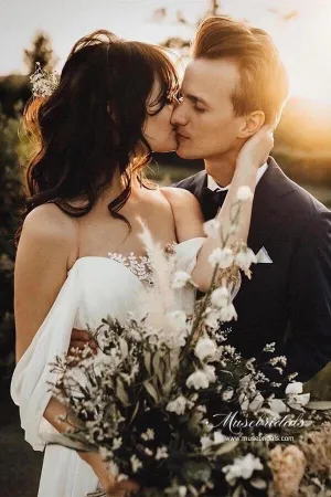 Chiffon A-line V-Neck Off-the-Shoulder Backless Simple Wedding Dresses, MW935