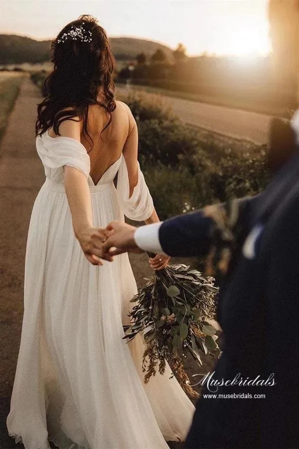 Chiffon A-line V-Neck Off-the-Shoulder Backless Simple Wedding Dresses, MW935