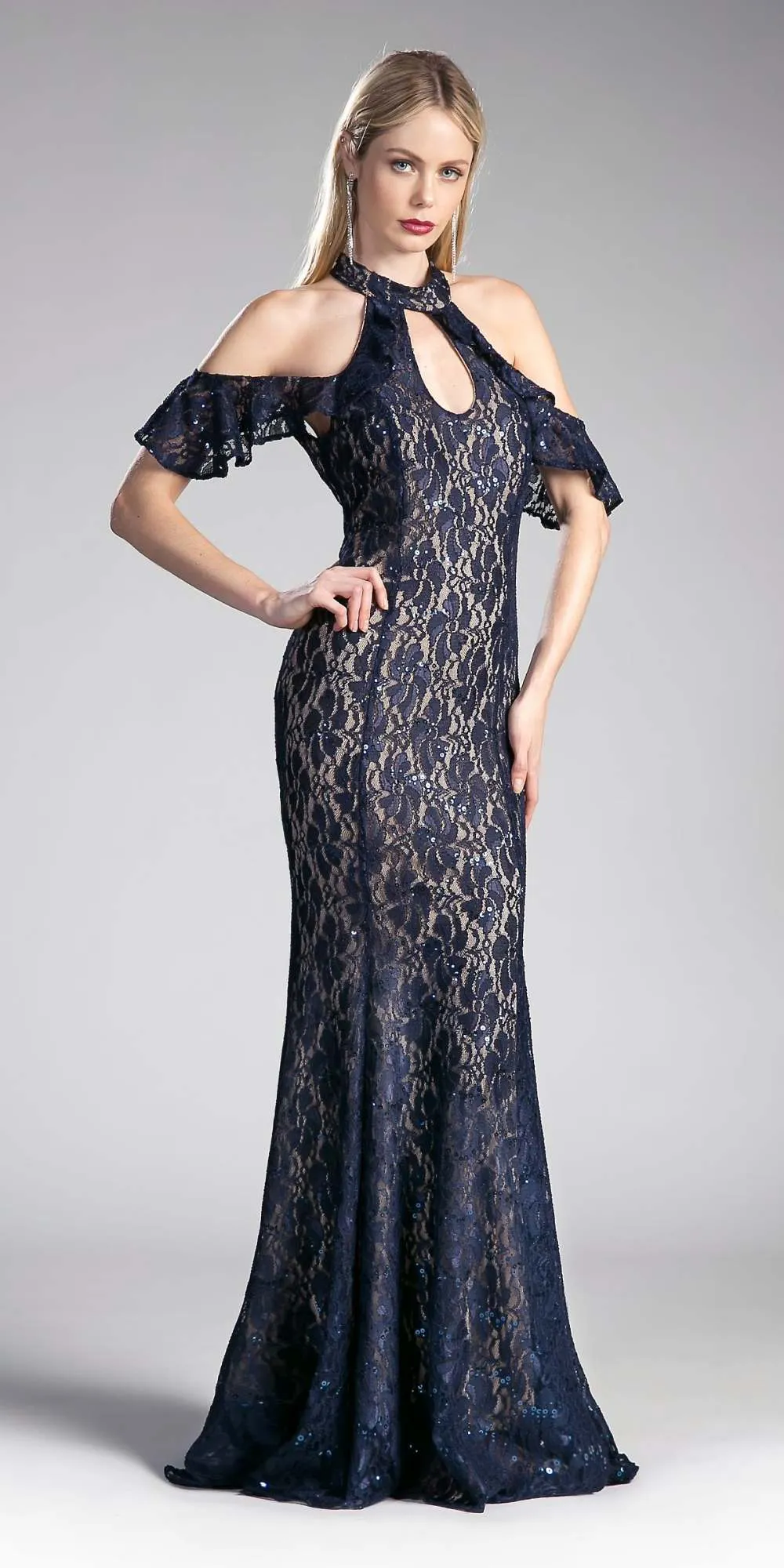 Cinderella Divine C0701 Ruffled Cold-Shoulder Long Dress