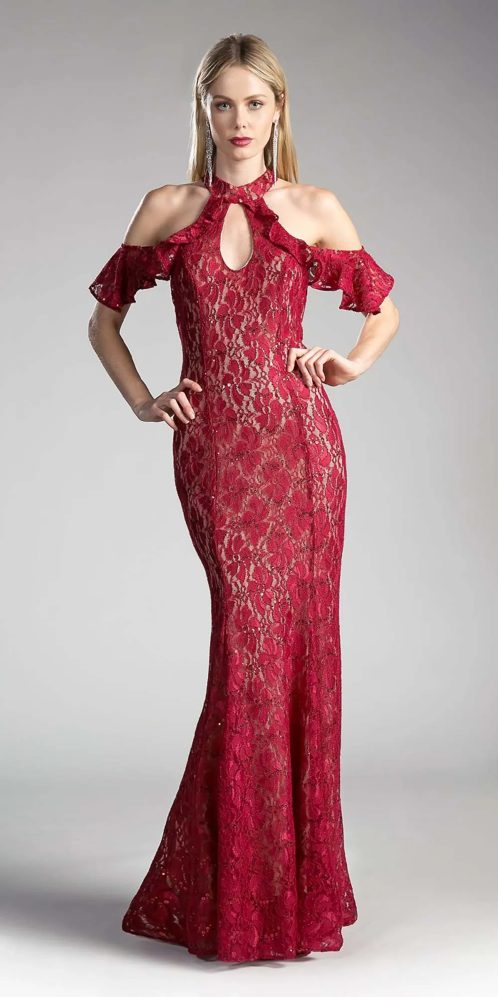 Cinderella Divine C0701 Ruffled Cold-Shoulder Long Dress