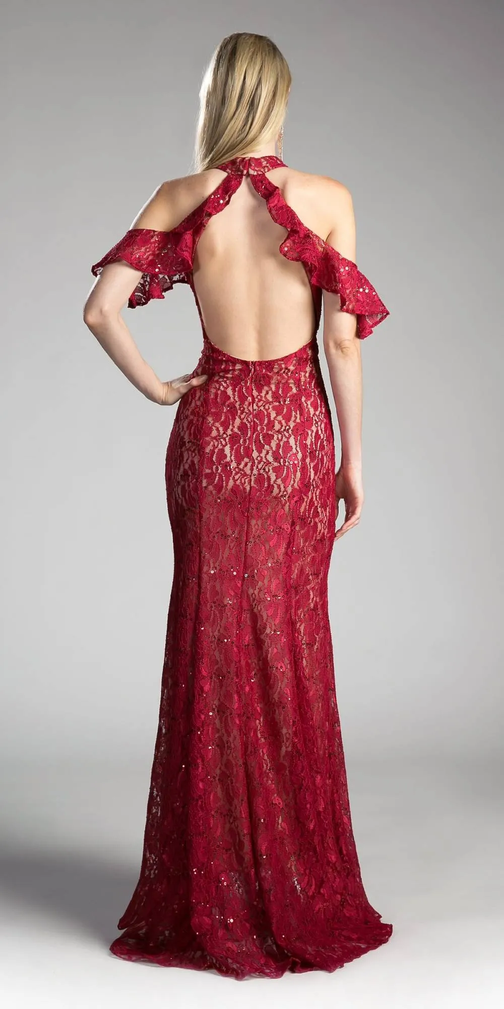 Cinderella Divine C0701 Ruffled Cold-Shoulder Long Dress