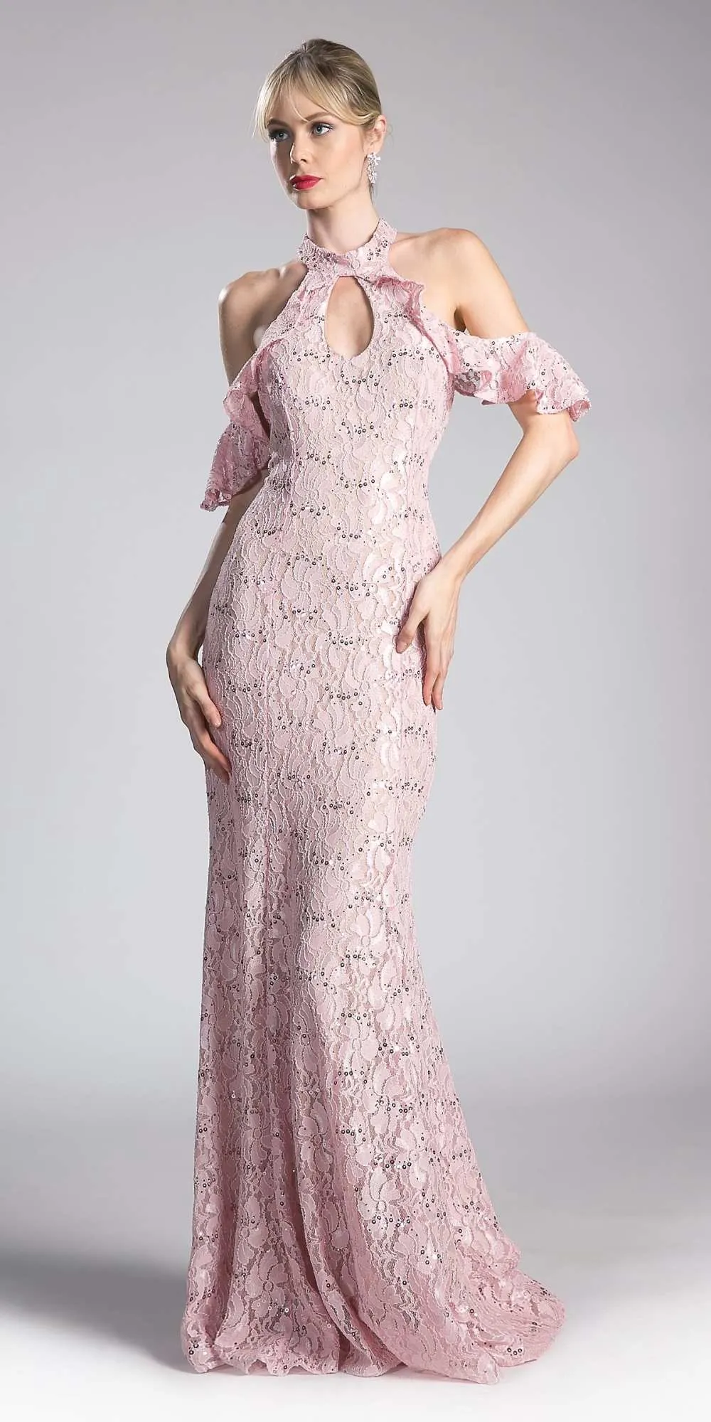 Cinderella Divine C0701 Ruffled Cold-Shoulder Long Dress