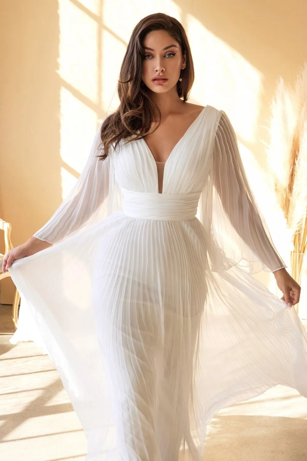 Cinderella Divine CD242W Pleated Chiffon Long Sleeve Gown