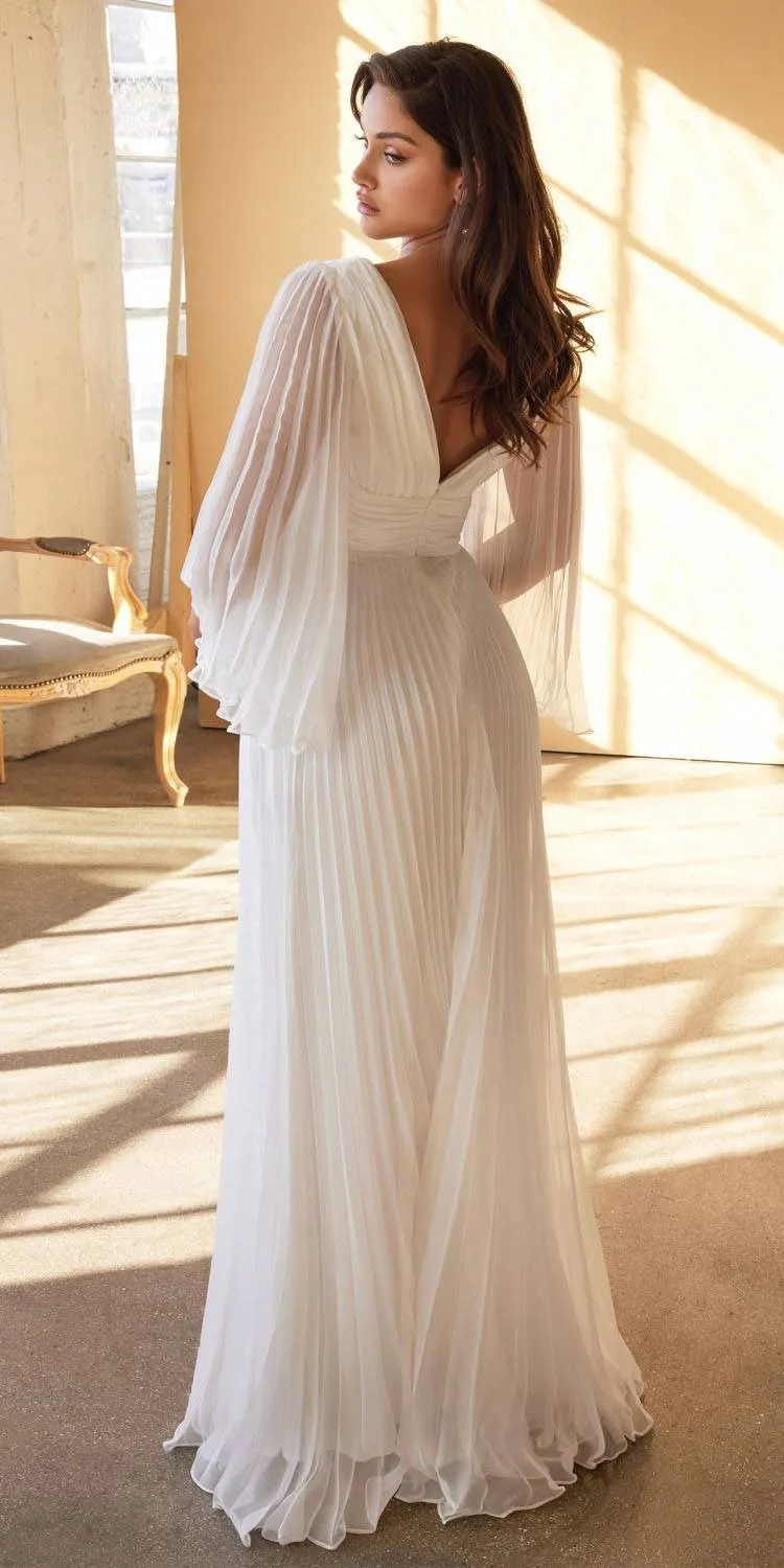 Cinderella Divine CD242W Pleated Chiffon Long Sleeve Gown