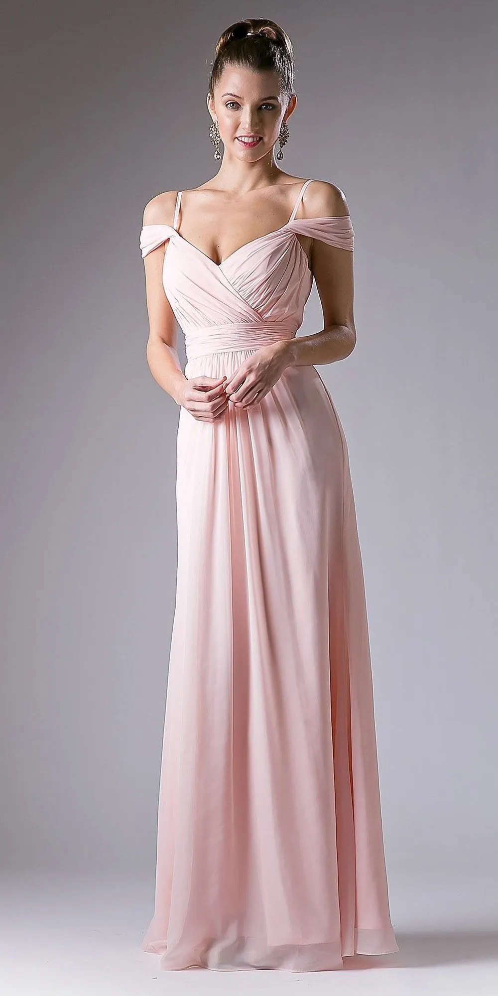 Cinderella Divine CH527 Cold Shoulder Pleated Bodice Long Dress V-Back