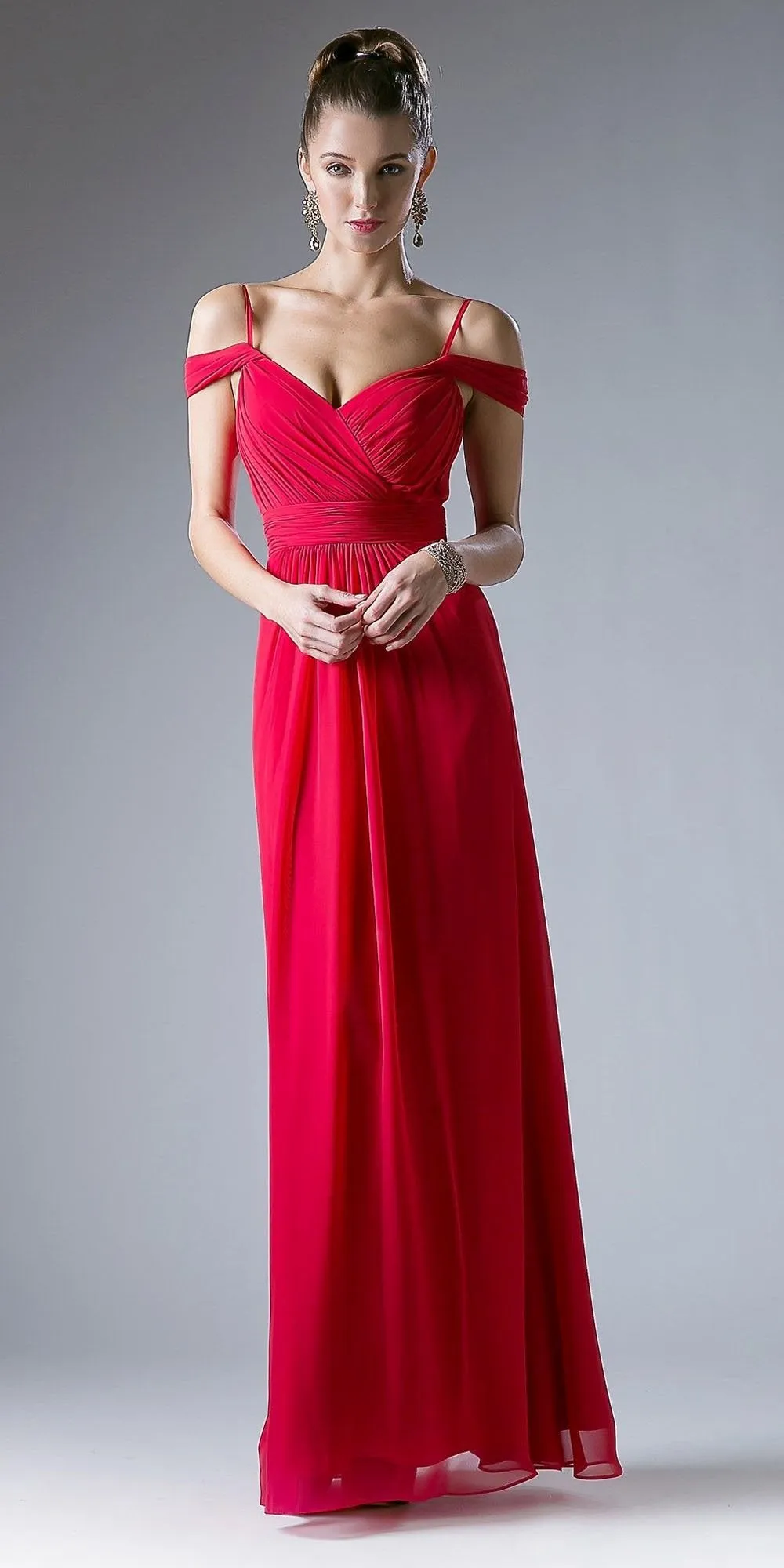 Cinderella Divine CH527 Cold Shoulder Pleated Bodice Long Dress V-Back