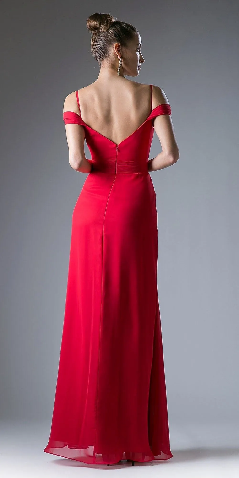 Cinderella Divine CH527 Cold Shoulder Pleated Bodice Long Dress V-Back