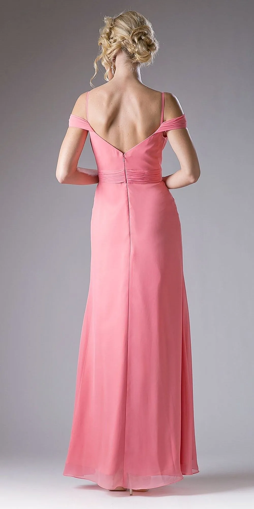 Cinderella Divine CH527 Cold Shoulder Pleated Bodice Long Dress V-Back