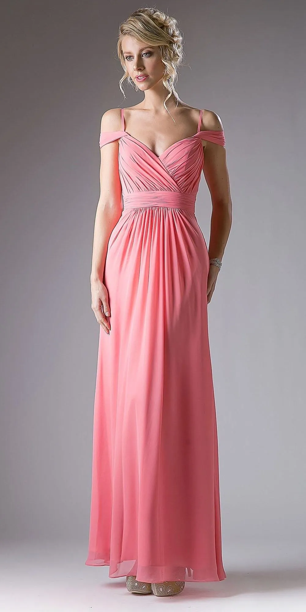 Cinderella Divine CH527 Cold Shoulder Pleated Bodice Long Dress V-Back