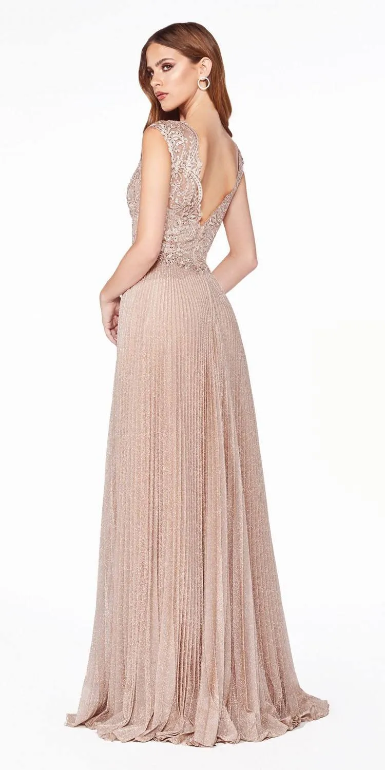 Cinderella Divine HT011 Pleated Metallic Long A-Line Pleated Dress