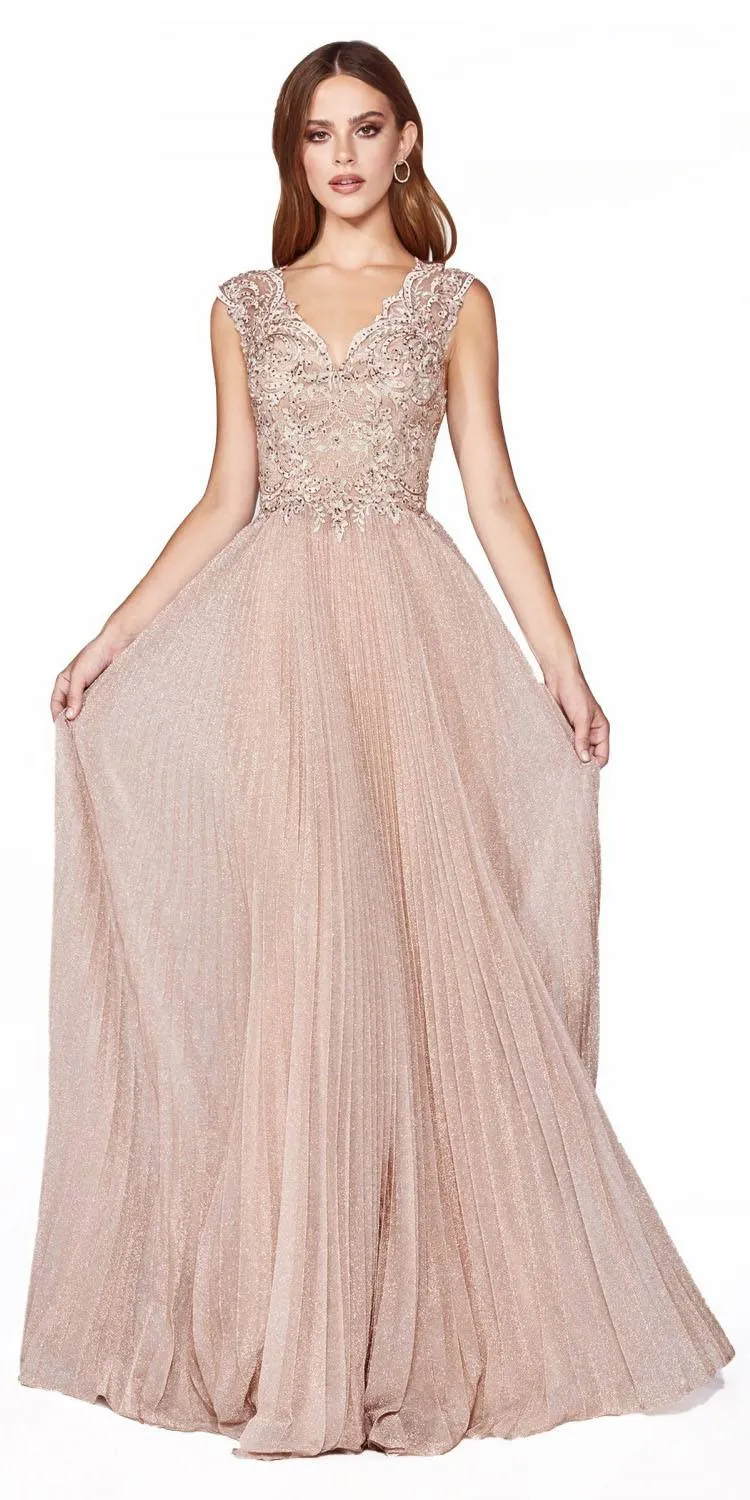 Cinderella Divine HT011 Pleated Metallic Long A-Line Pleated Dress