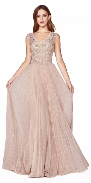 Cinderella Divine HT011 Pleated Metallic Long A-Line Pleated Dress