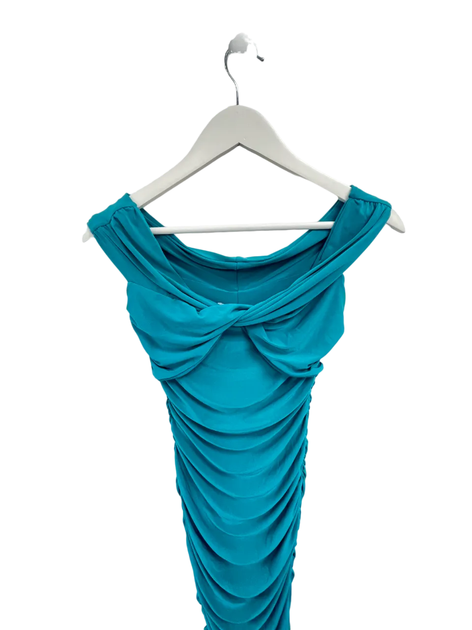 Club L Turquoise Blue Ruched Off The Shoulder Midi Dress UK 6