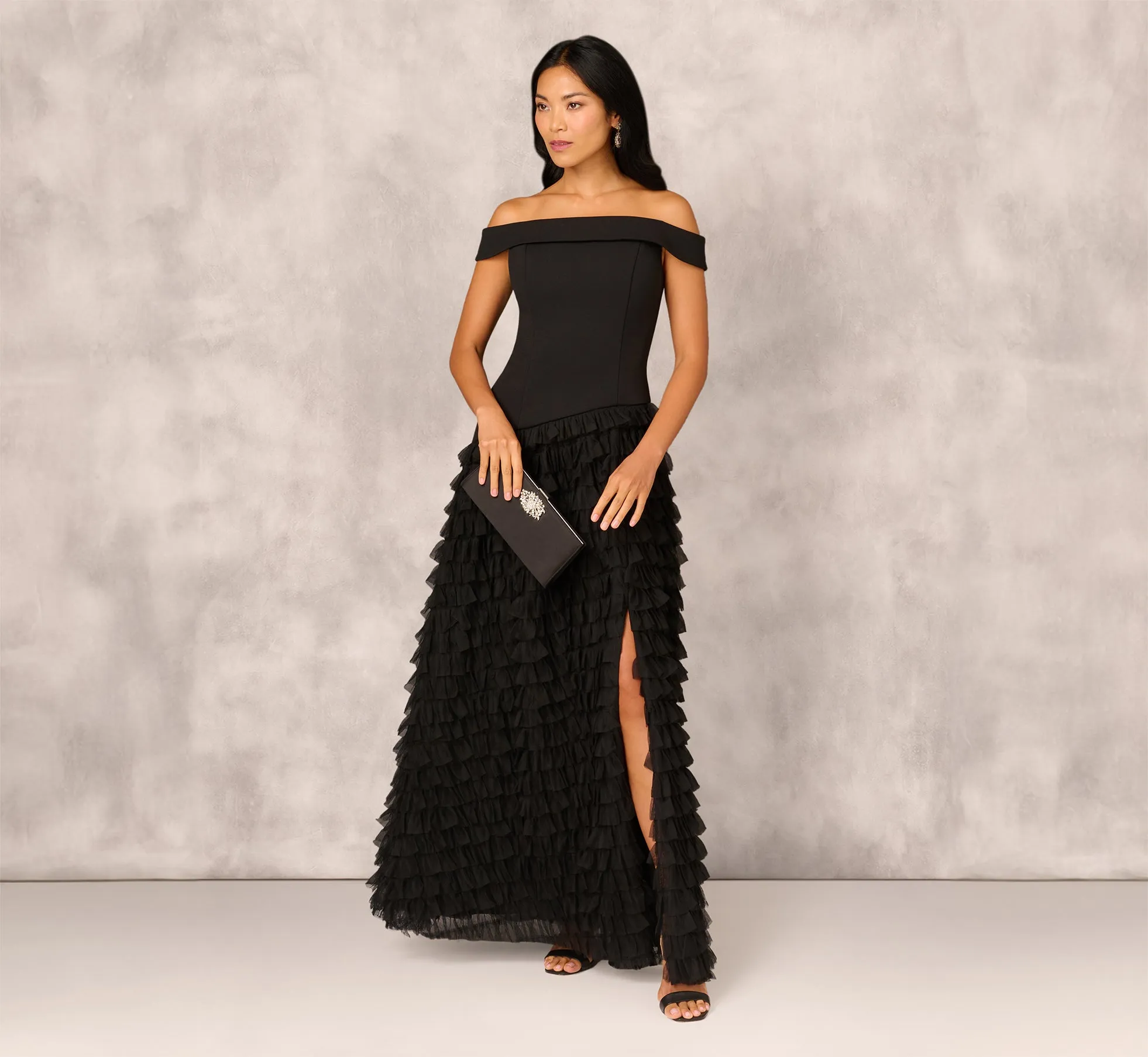 Combo Fabric Drop Waist Ballgown In Black