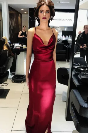 Cowl Neckline Burgundy Evening Dress with Straps Backless