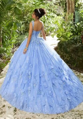 Crystal Beaded Lace Appliqués on a Tulle Over Chantilly Lace Ballgown