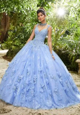 Crystal Beaded Lace Appliqués on a Tulle Over Chantilly Lace Ballgown