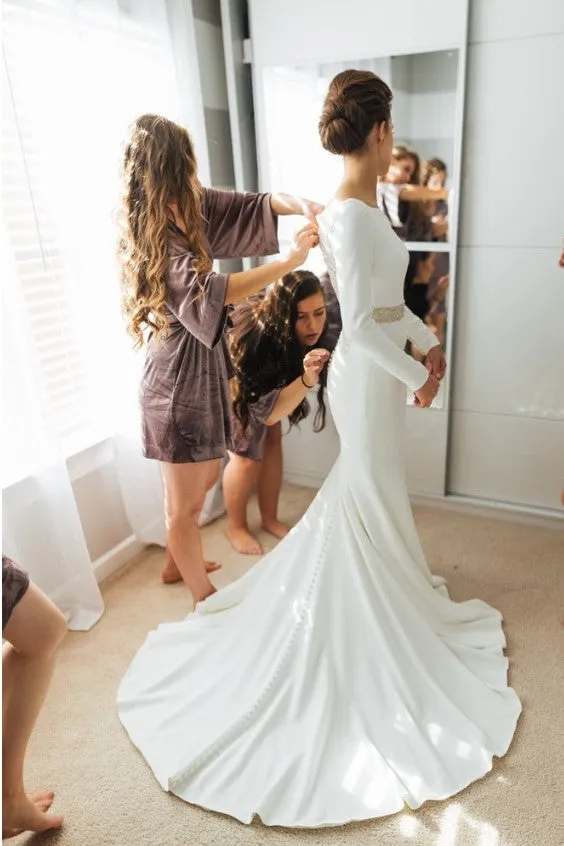 Crystals Back Modest Wedding Dresses with Long Sleeves