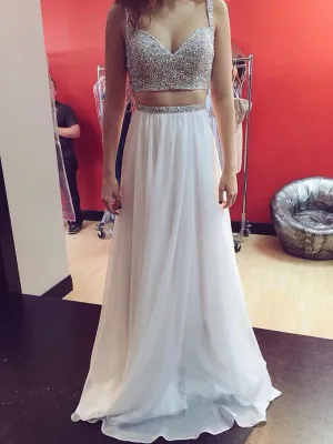 Custom Made White A Line Two Pieces Sweetheart Neck Sequin Long Prom Dresses, Two Pieces White Evening Dresses