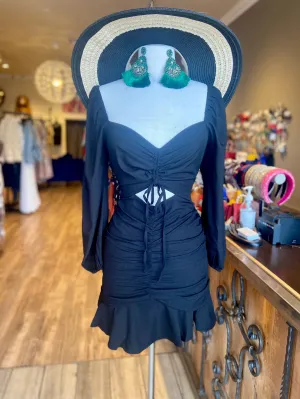 Cut Out Ruched Ruffle Dress