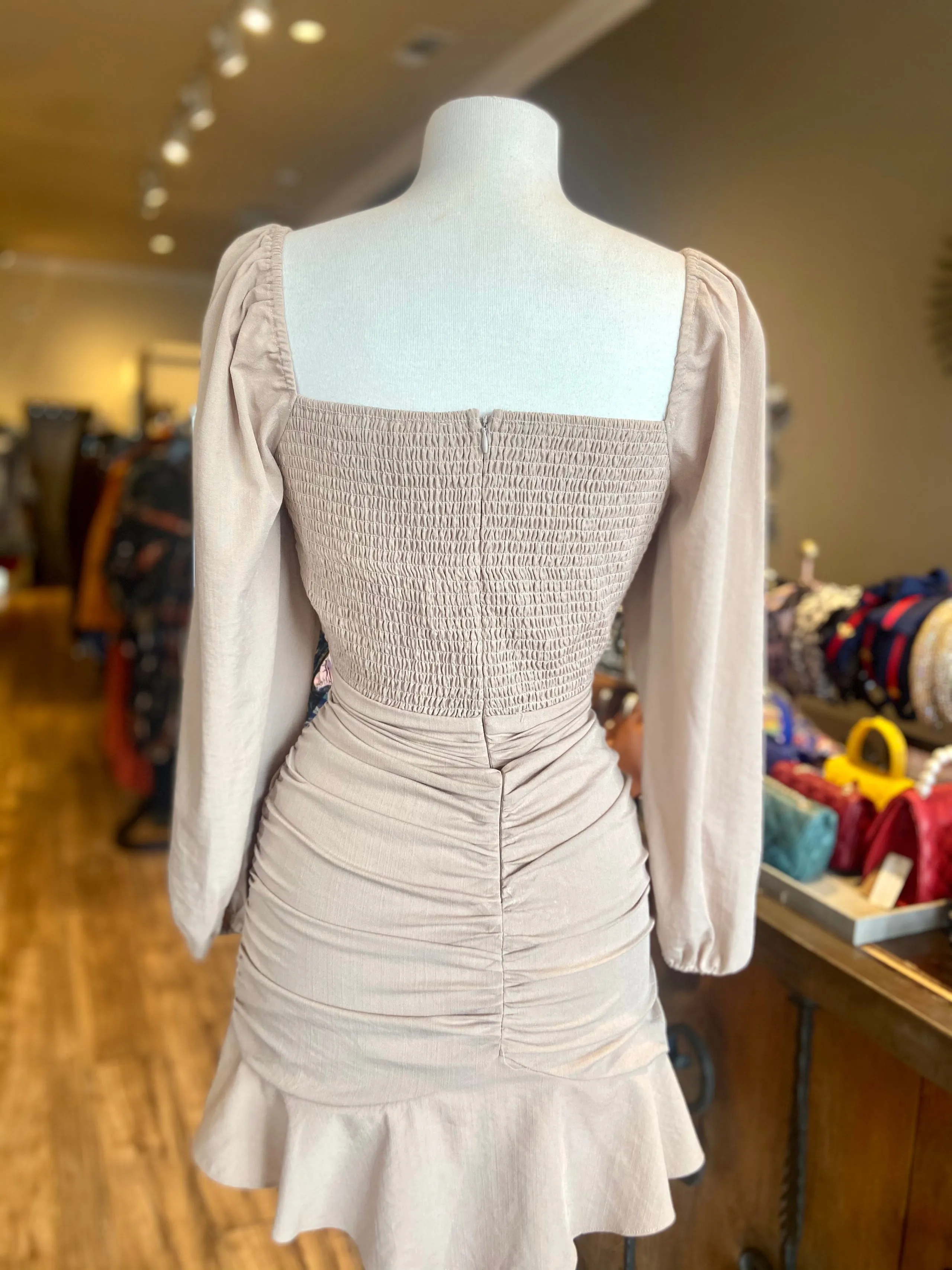 Cut Out Ruched Ruffle Dress