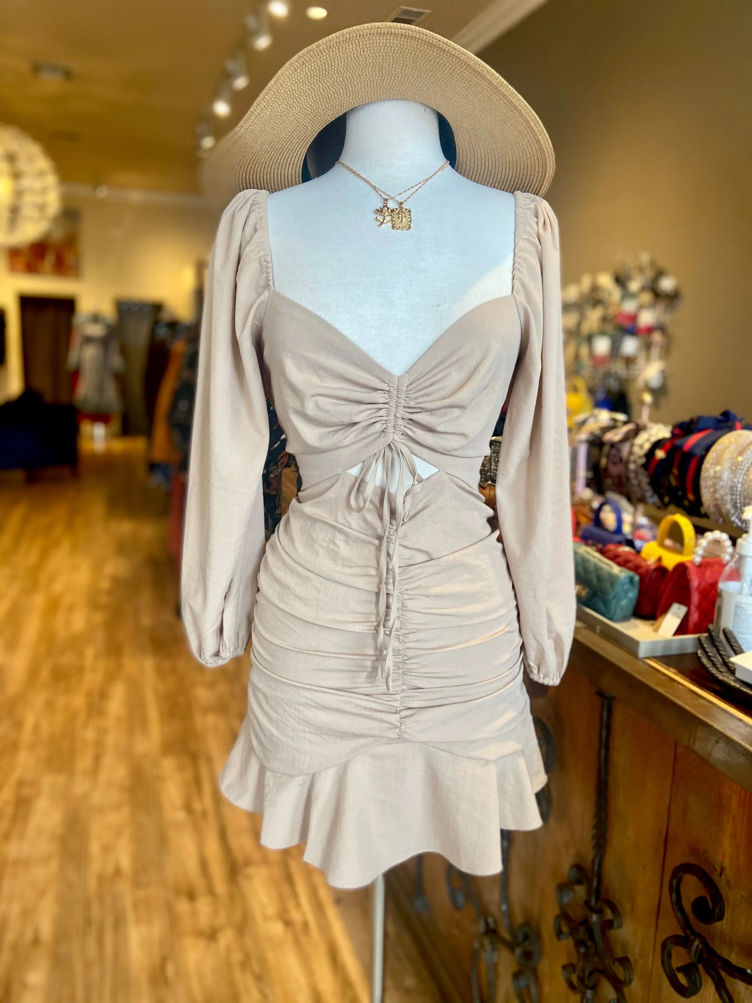 Cut Out Ruched Ruffle Dress