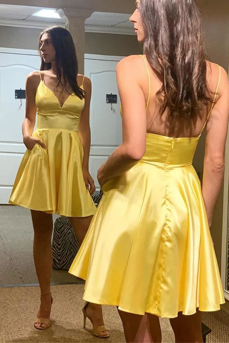 Cute A Line V Neck Backless Yellow Short Prom Dress Homecoming Dress with Pocket, Backless Yellow Formal Graduation Evening Dress