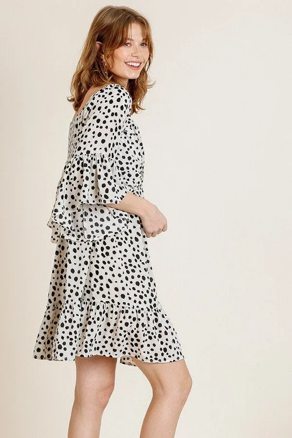 Dalmatian Print Ruffle Bell Sleeve Sweetheart Neckline Dress