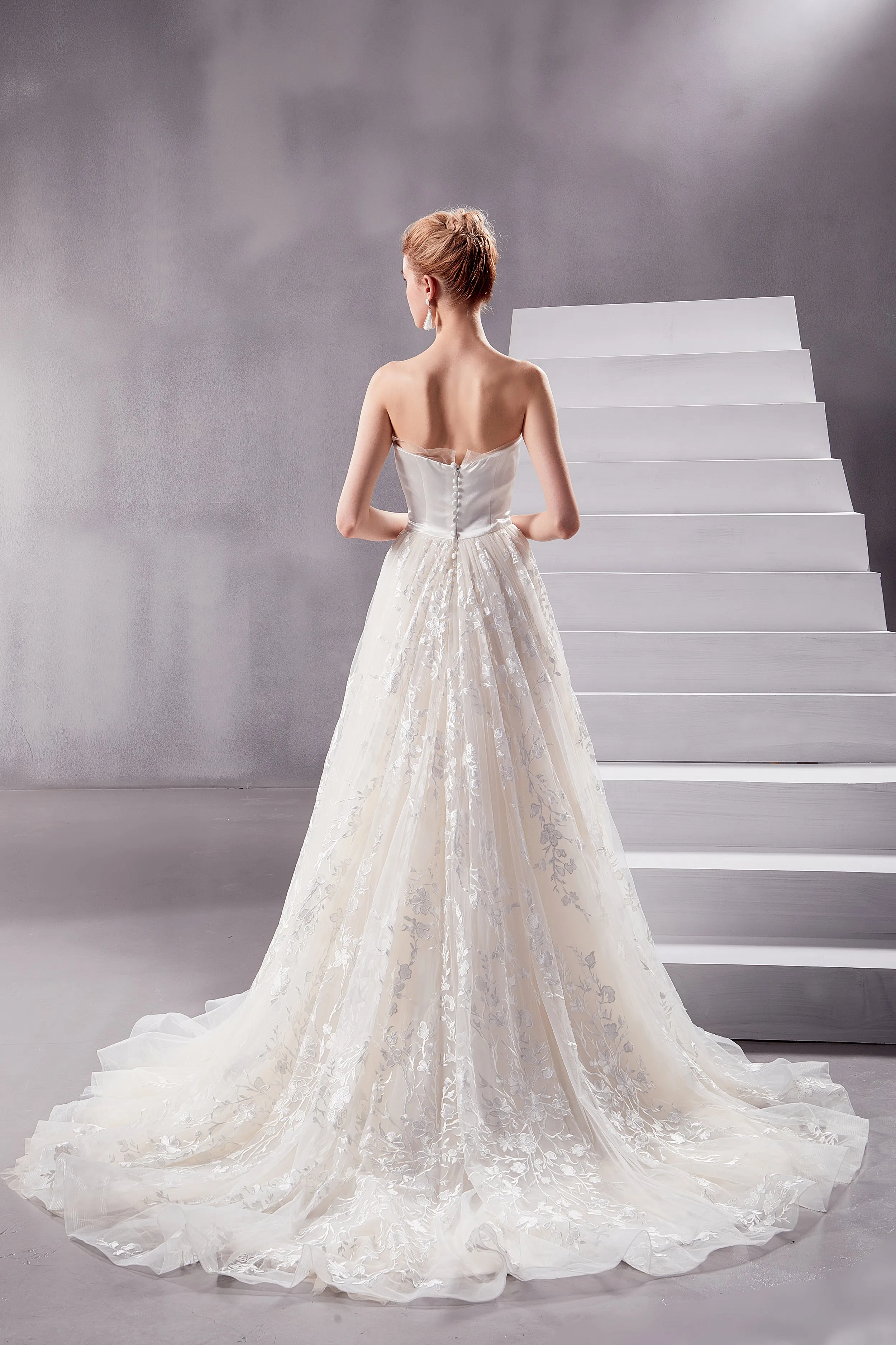 Daphne - Selena Huan Venice Floral Embroidery lace silk-satin top strapless ballgown dress with detachable off-the-shoulder sleeves