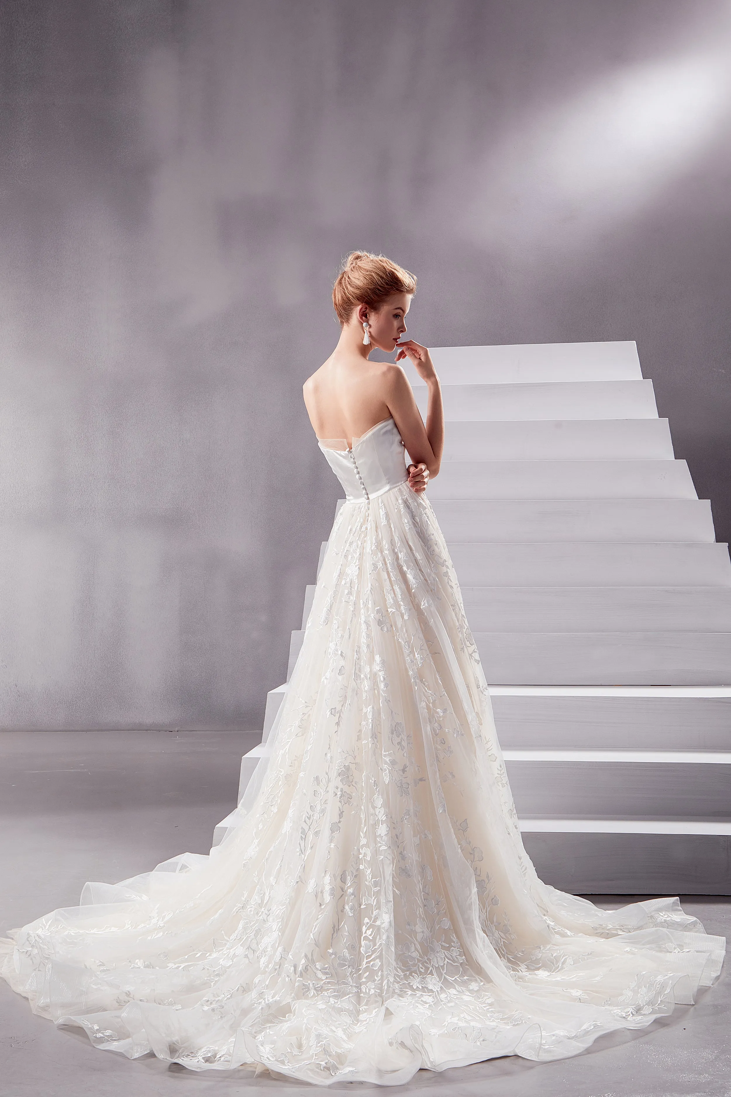 Daphne - Selena Huan Venice Floral Embroidery lace silk-satin top strapless ballgown dress with detachable off-the-shoulder sleeves