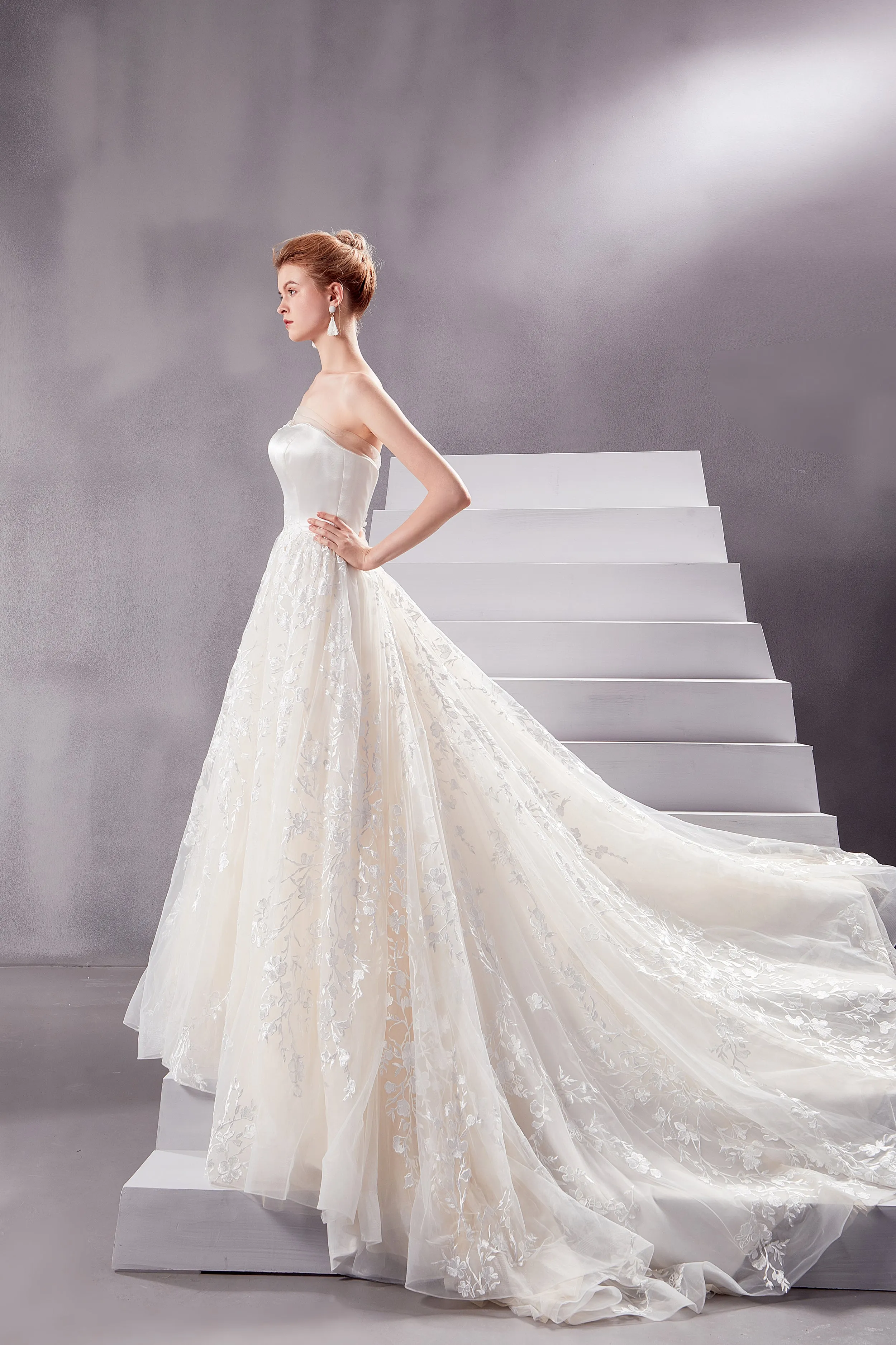 Daphne - Selena Huan Venice Floral Embroidery lace silk-satin top strapless ballgown dress with detachable off-the-shoulder sleeves
