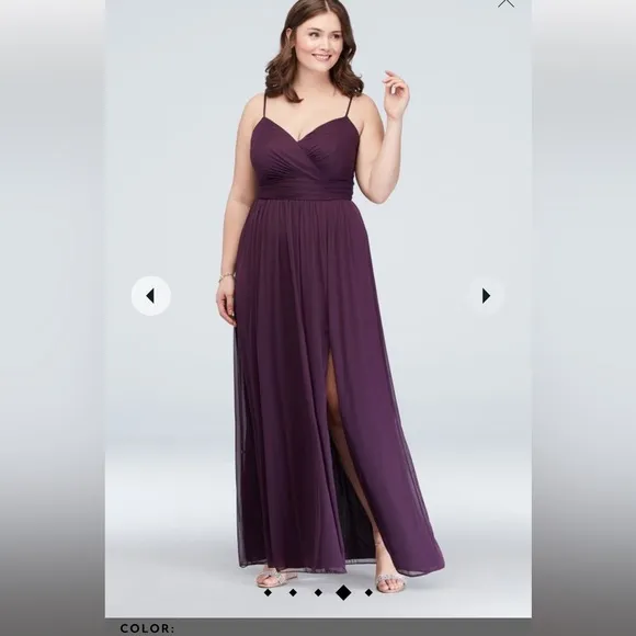 David Bridal spaghetti strap ruched waist mesh bridesmaid dress