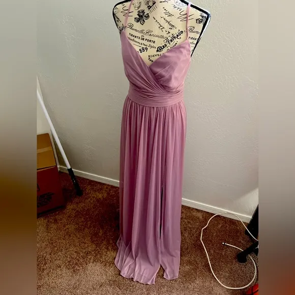David Bridal spaghetti strap ruched waist mesh bridesmaid dress
