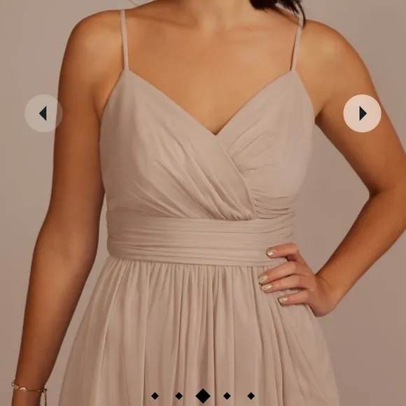 David Bridal spaghetti strap ruched waist mesh bridesmaid dress