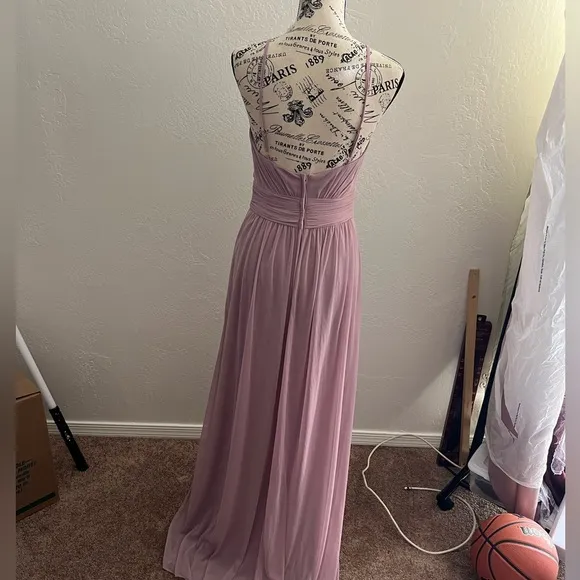 David Bridal spaghetti strap ruched waist mesh bridesmaid dress