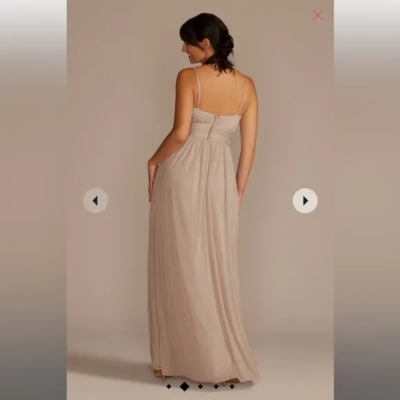 David Bridal spaghetti strap ruched waist mesh bridesmaid dress