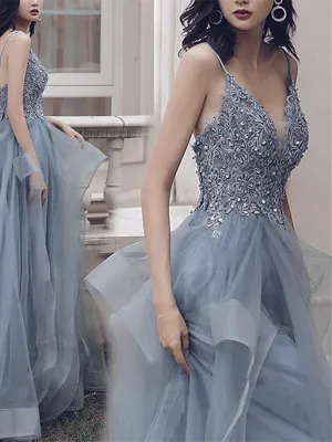 Deep V Neck Appliqued Spaghetti Straps Organza Blue Bridal Dresses，Appliqued Spaghetti Straps Blue Prom Dresses