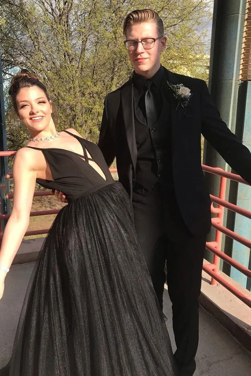 Deep V Neck Black Long Prom Dress, Black Formal Graduation Evening Dress, Fluffy Ball Gown