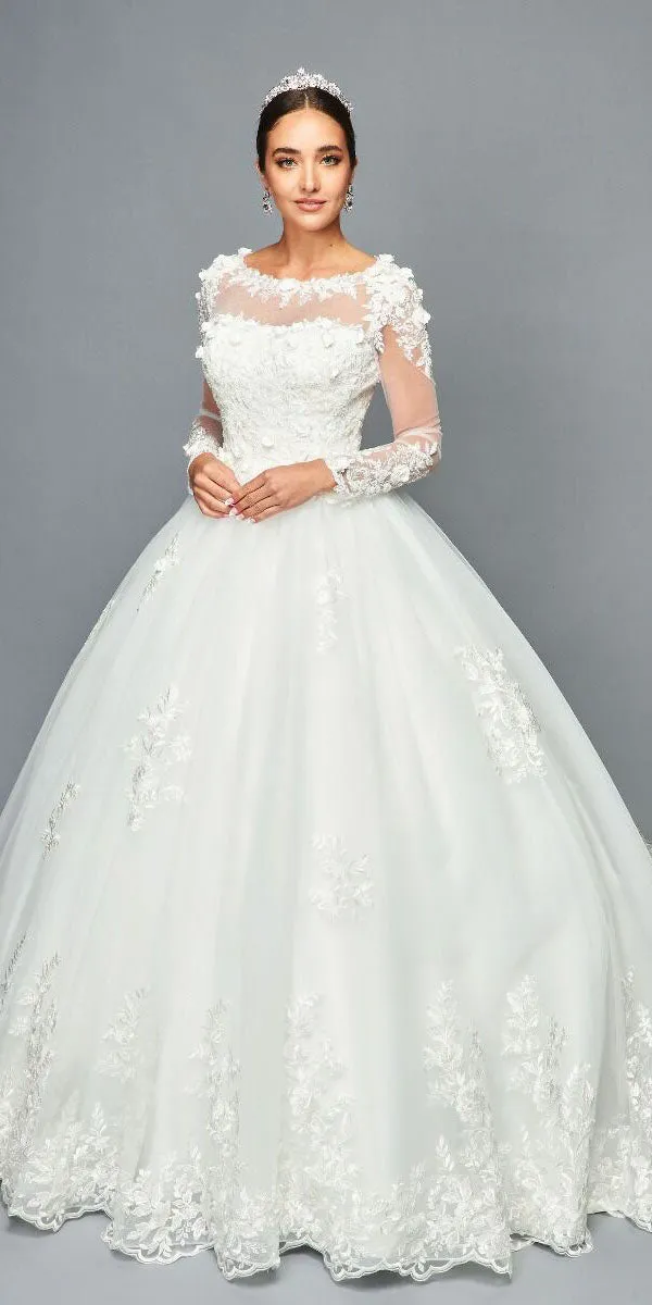 DeKlaire Bridal 469 Floor Length A-Line Ball Wedding Gown Long Sleeve