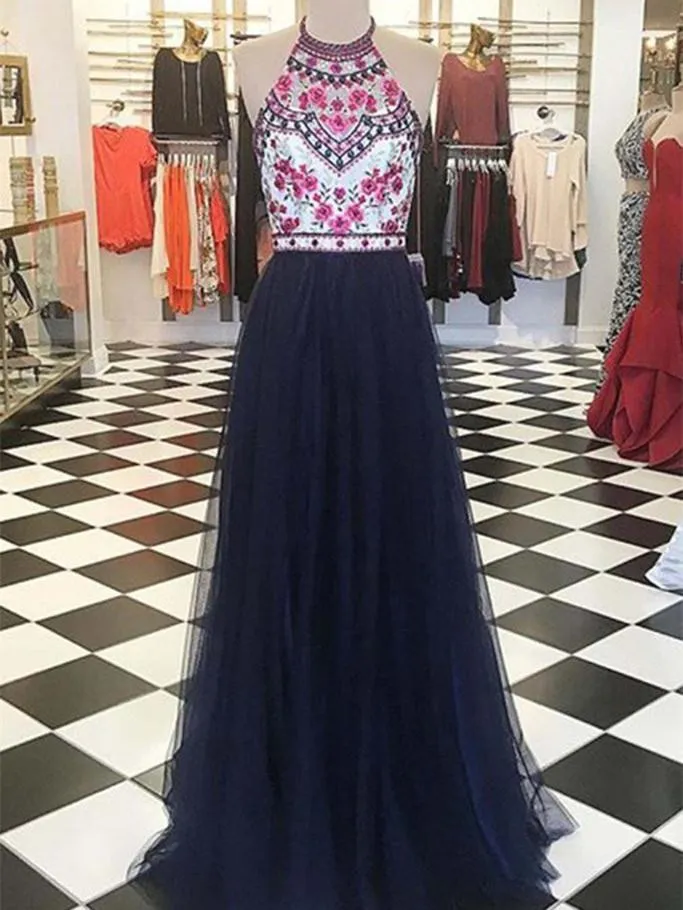 Delicate Embroidery A-line Prom Dresses Long Tulle Formal Gowns CP113