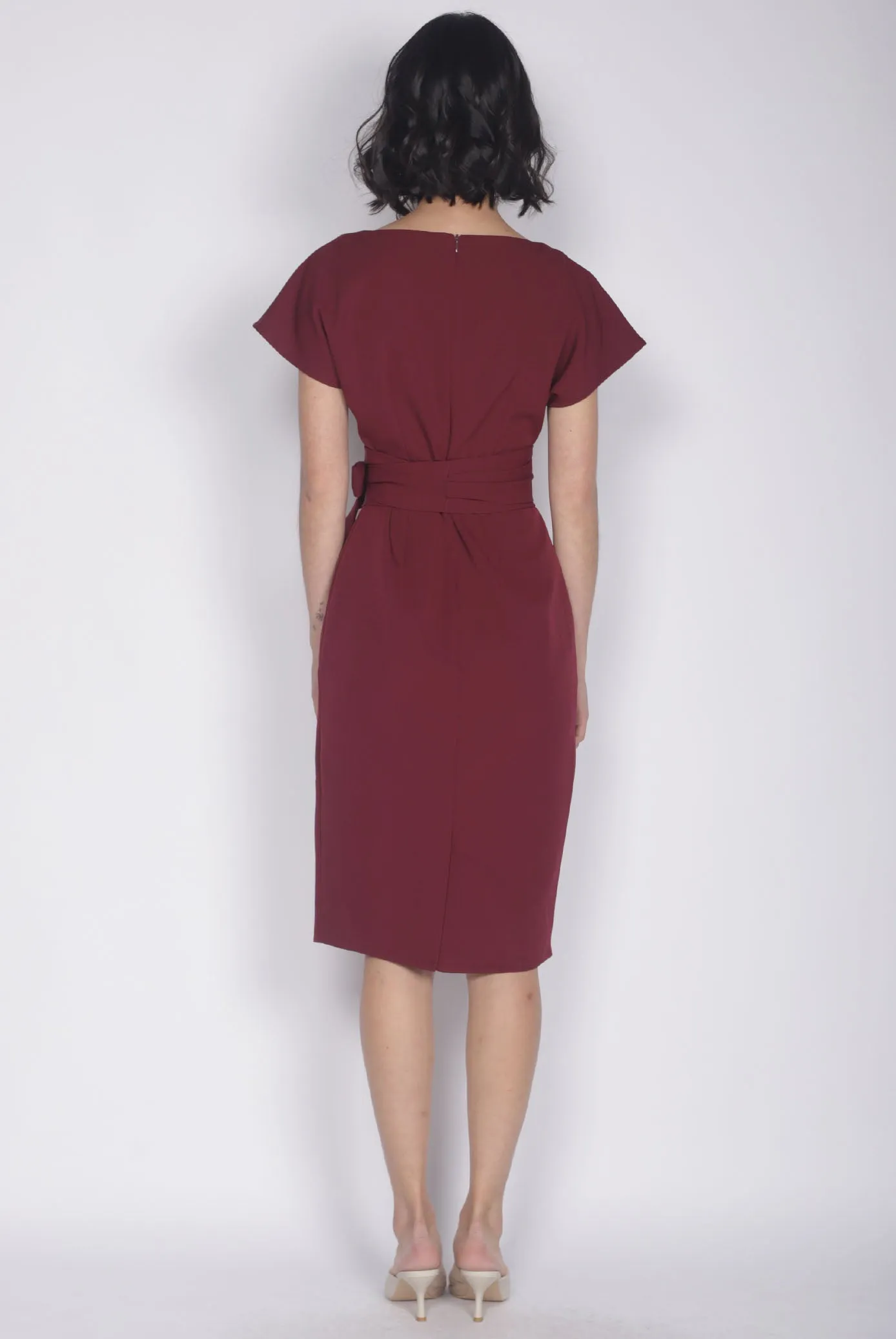 Deolinda Boat Neck Obi Sash Dress In Wine Red