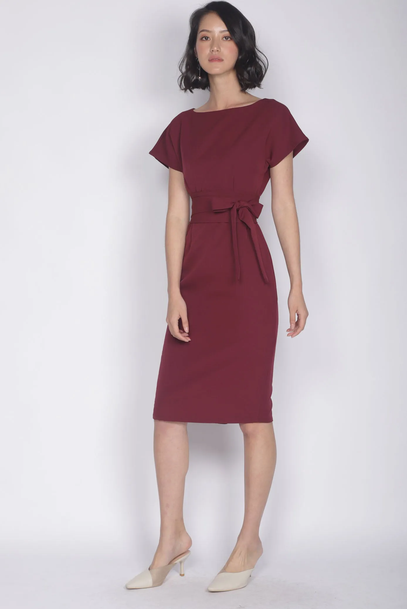 Deolinda Boat Neck Obi Sash Dress In Wine Red