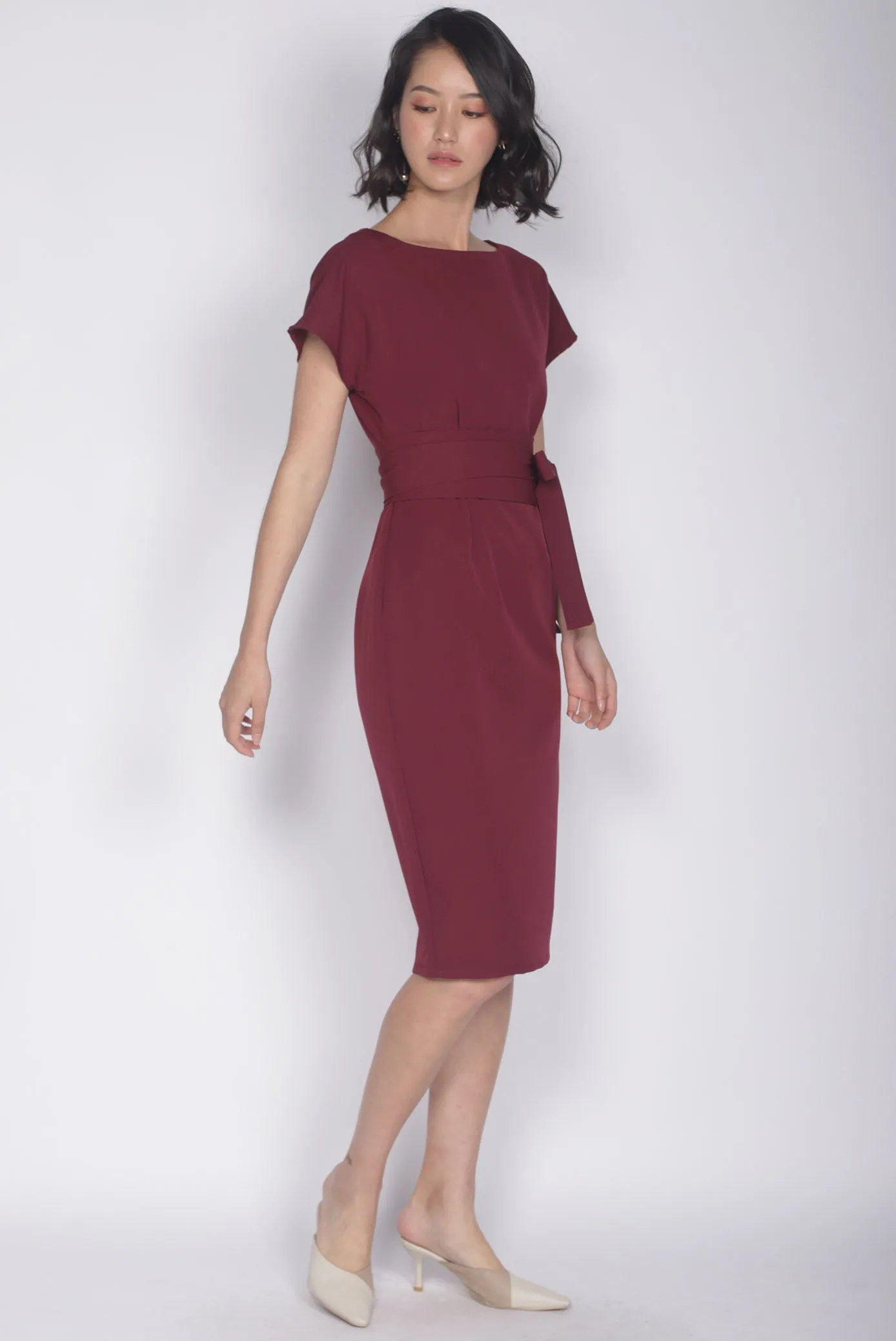 Deolinda Boat Neck Obi Sash Dress In Wine Red