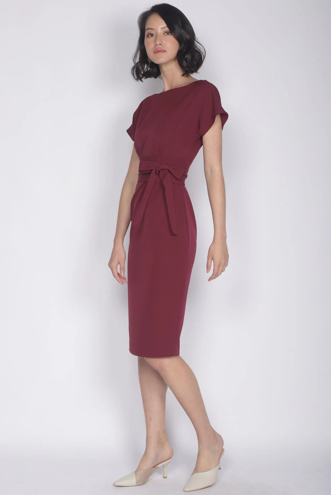 Deolinda Boat Neck Obi Sash Dress In Wine Red