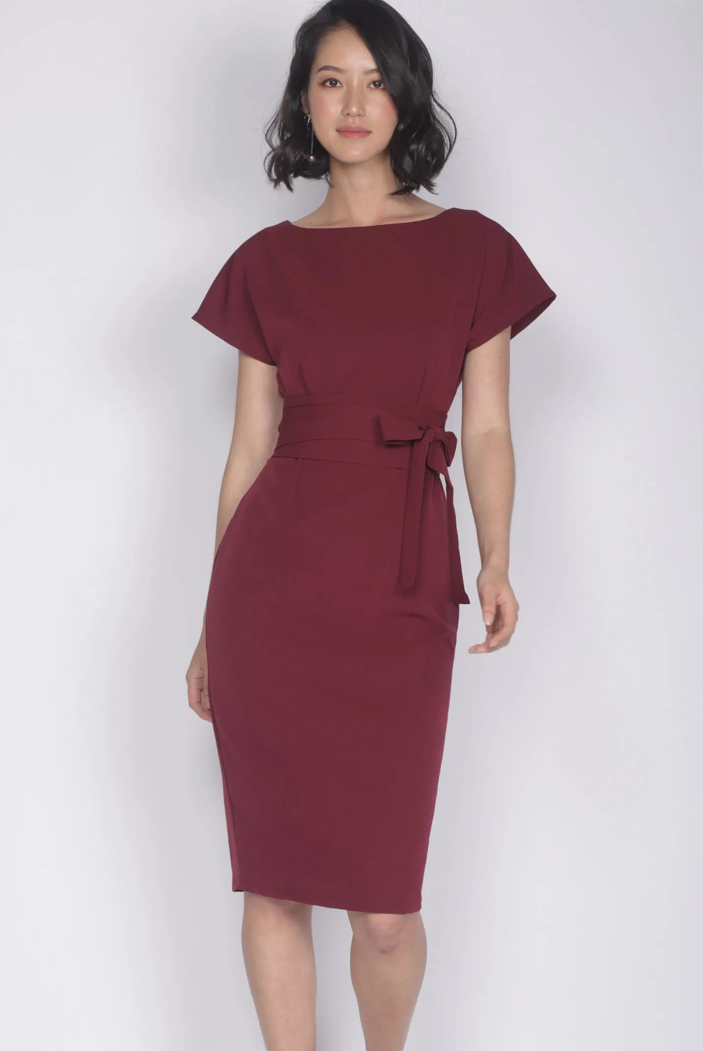 Deolinda Boat Neck Obi Sash Dress In Wine Red