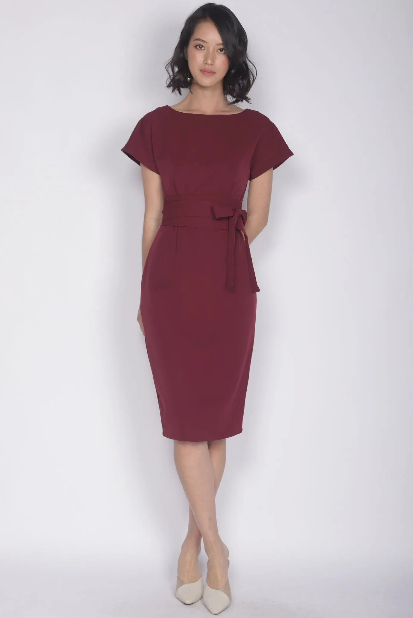 Deolinda Boat Neck Obi Sash Dress In Wine Red